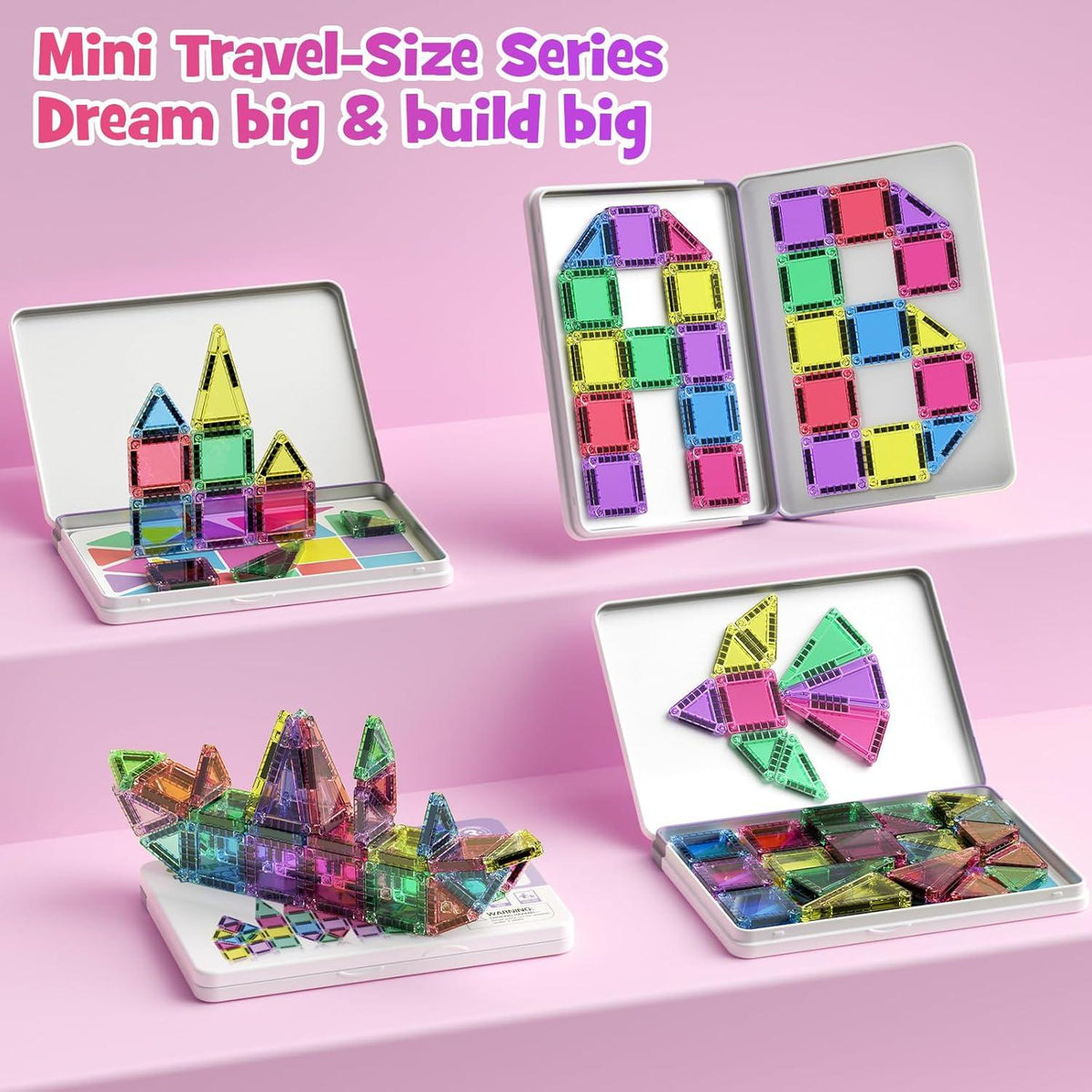 Mini Magnetic Tiles Travel Set with Tin Box for Kids - Portable Magnetic Building Blocks Toy for Boys and Girls Ages 3+, STEM Creative Construction Kit, 26 or 32 Piece Set, Birthday & Christmas Gift