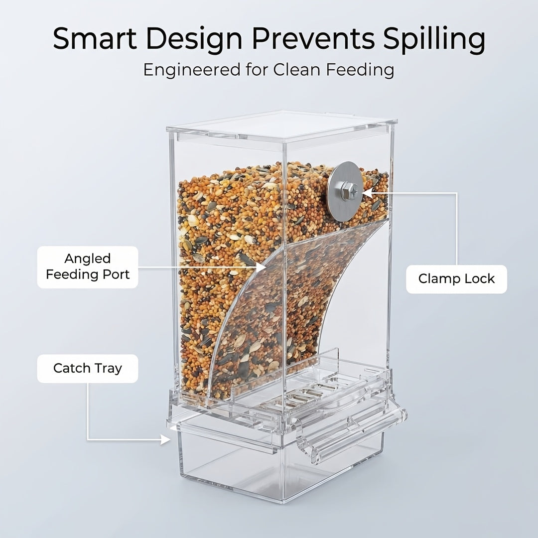 Transparent Acrylic Automatic Bird Feeder - Spill-Proof Bird Food Dispenser for Cage & Outdoor Use - Easy Clean Seed Feeder for All Birds Parrots Parakeets Wild Birds - No Battery Required