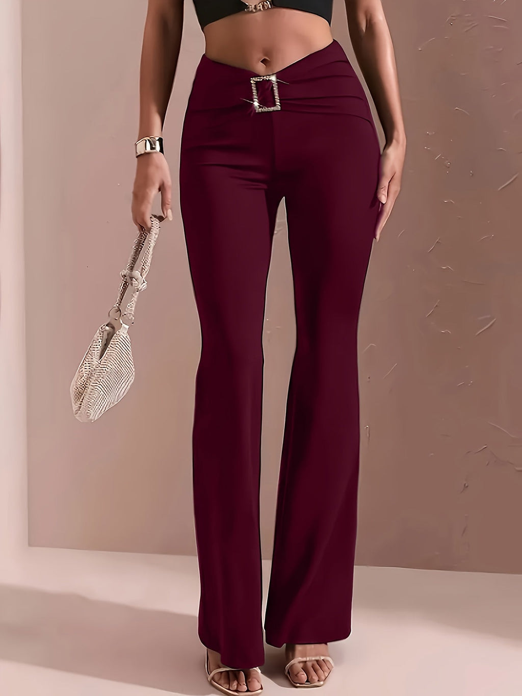 Women's High Waist Flared Wide Leg Pants Elastic Waistband Metal Chain Detail Smooth Fabric Stretchy Trousers Black Deep Red Blue S-XXL