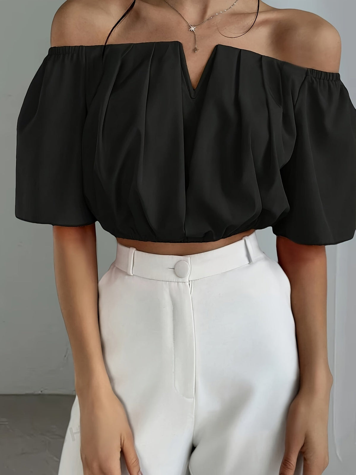 Off Shoulder V-Neck Blouse Women Short Sleeve Solid Color Sexy Summer Top | Vacation Party Casual Wear Multiple Colors XS-L