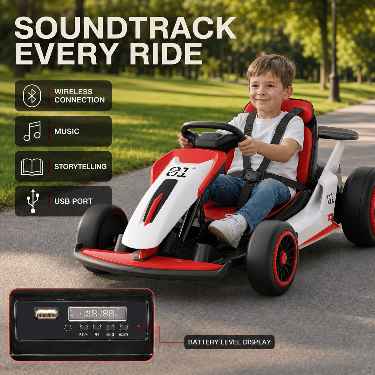 24V Electric Go Kart for Kids Ages 6+ with 360° Drift – Dual 180W Motors, 2 Speeds 3.1-5 MPH, 7Ah Battery, 5-Point Harness, Wireless Music & USB, 110 LB Capacity Racing Ride-On Car Gift