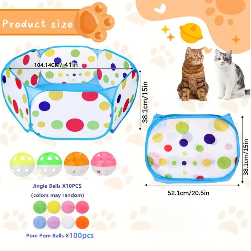 Interactive Cat Toy Set with 110 Balls - 100 Toy Balls & 10 Bell Balls with Cat Fence, Indoor Cat Entertainment & Exercise Kit, Random Color Ball Assortment (Fence Set)