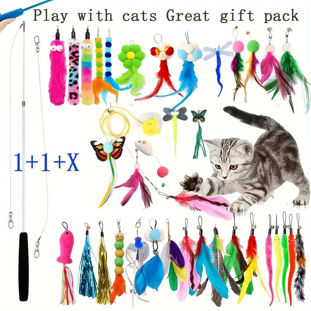 Interactive Cat Wand Toy Set Retractable Rod with Random Feather Replacement Heads for Indoor Cats Exercise Play No Battery Required Choose 5 10 15 20 or 25 Heads