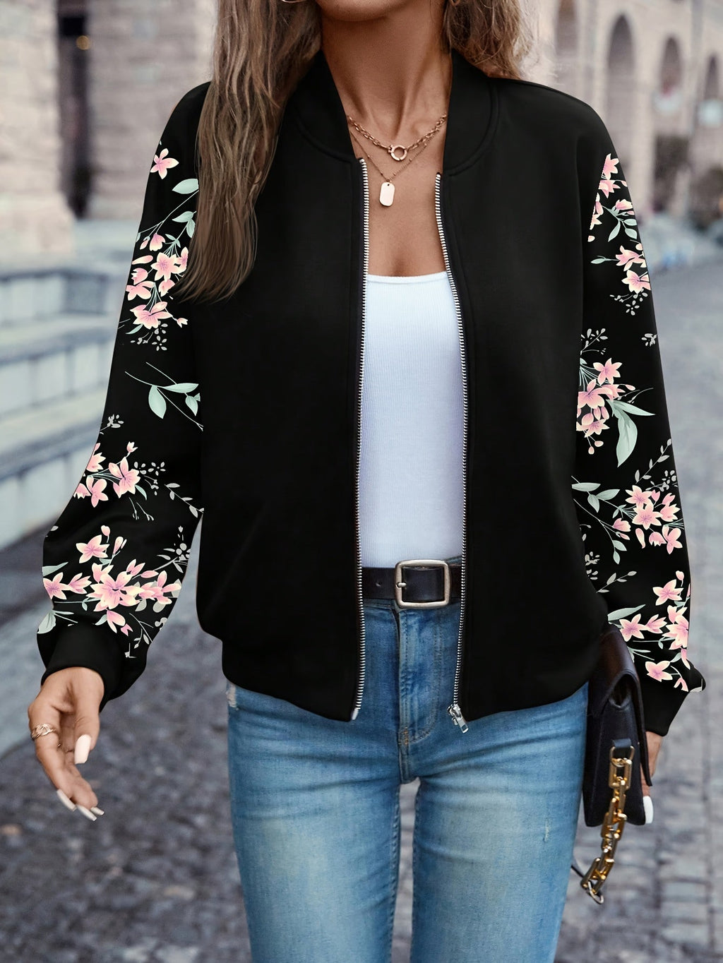Floral Print Zip Up Jacket Women's Baseball Collar Long Sleeve Spring Fall Lightweight Coat Casual Outerwear Black S M L XL XXL