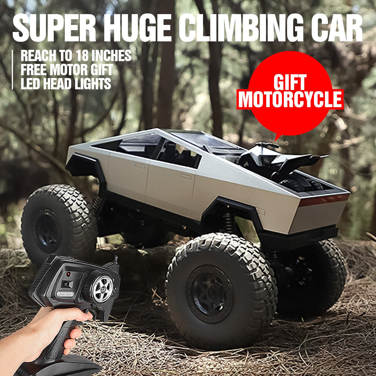 Giant 18.1 Inch RC Monster Truck with Free Bonus Mini RC Motorcycle - 4WD Remote Control Truck, All-Terrain Climbing Vehicle, Shockproof Suspension, Anti-Slip Tires, Kids Gift
