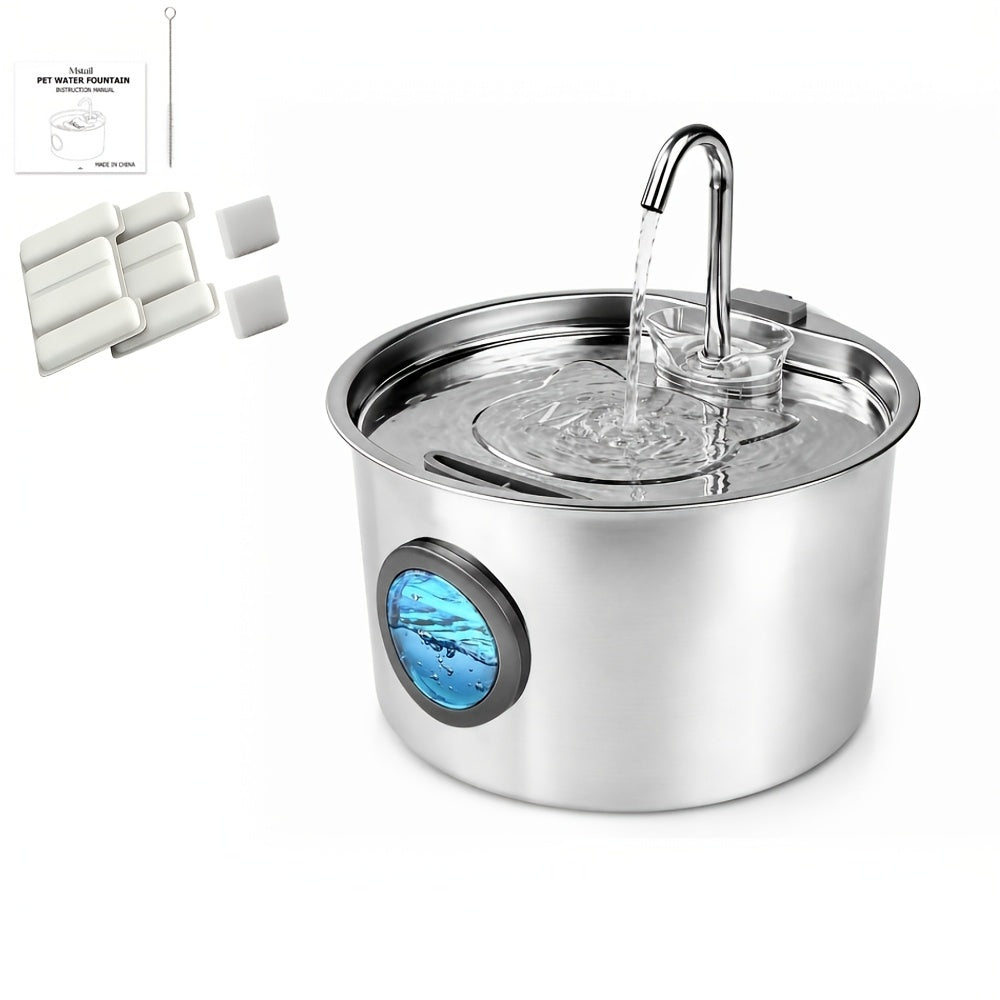 108oz Stainless Steel Pet Water Fountain – Automatic Dog & Cat Water Dispenser with Large Water Level Window, Ultra-Quiet Pump, Easy to Clean, No Battery Required – 2, 4 or 8 Filter Bundles