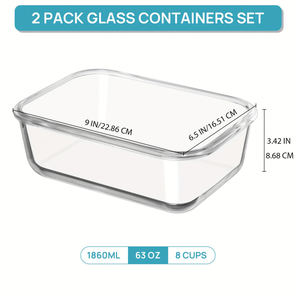 Large Glass Food Storage Containers with Lids 2-Pack 63oz, Borosilicate Glass Meal Prep Containers Airtight Snap Lid, Oven Microwave Freezer & Dishwasher Safe, Leakproof Glass Baking Dish for Family Meals