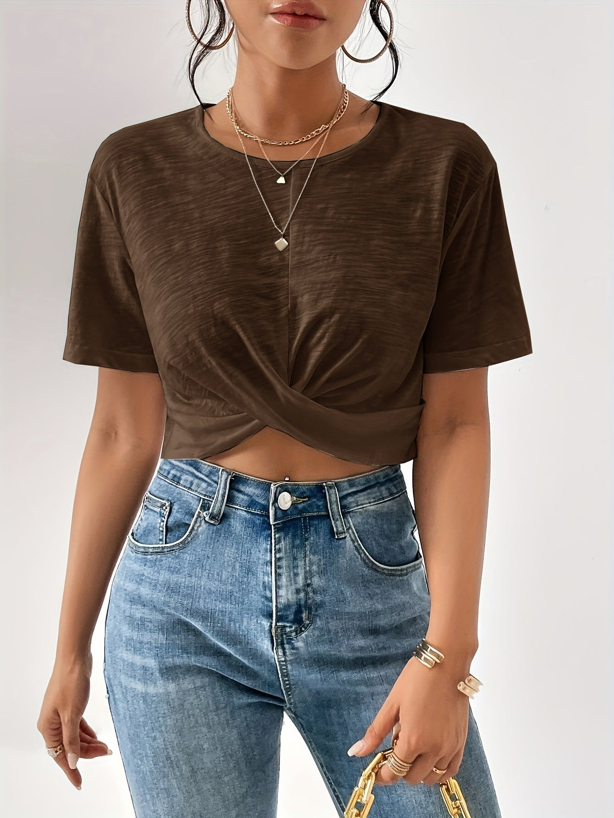 Women's Twist Front Crop Top Short Sleeve T-Shirt Solid Color Casual Summer Tops Cute Streetwear XS-XXL 8 Colors