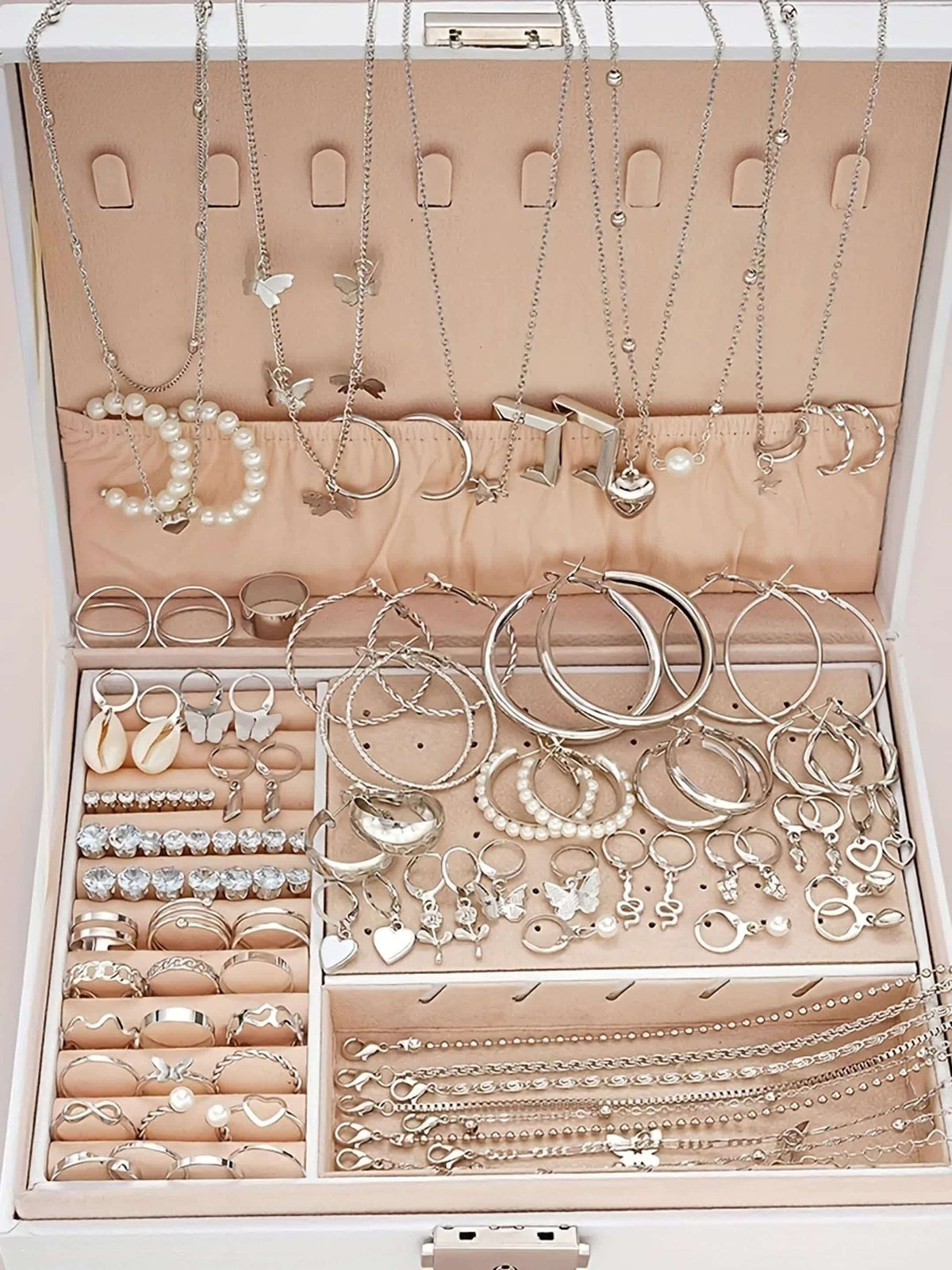 108pcs Women Jewelry Set Vintage Butterfly Heart Rhinestone Necklace Bracelet Anklet Ring Earrings Bundle Multi-Layer Chains Silver Fashion Jewelry Gift for Her
