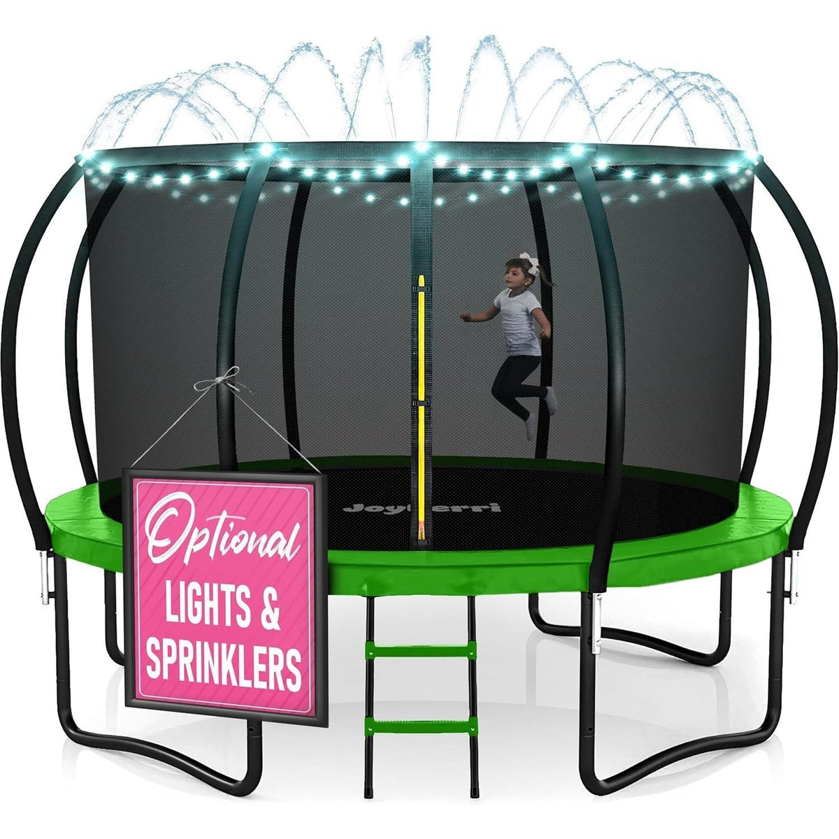 JoyBerri Outdoor Trampoline with Enclosure Net - 8FT to 16FT Backyard Trampoline for Kids & Adults, Heavy Duty Anti-Rust Frame, LED Lights, Sprinkler & Ladder Included | Family Fitness Fun Gift