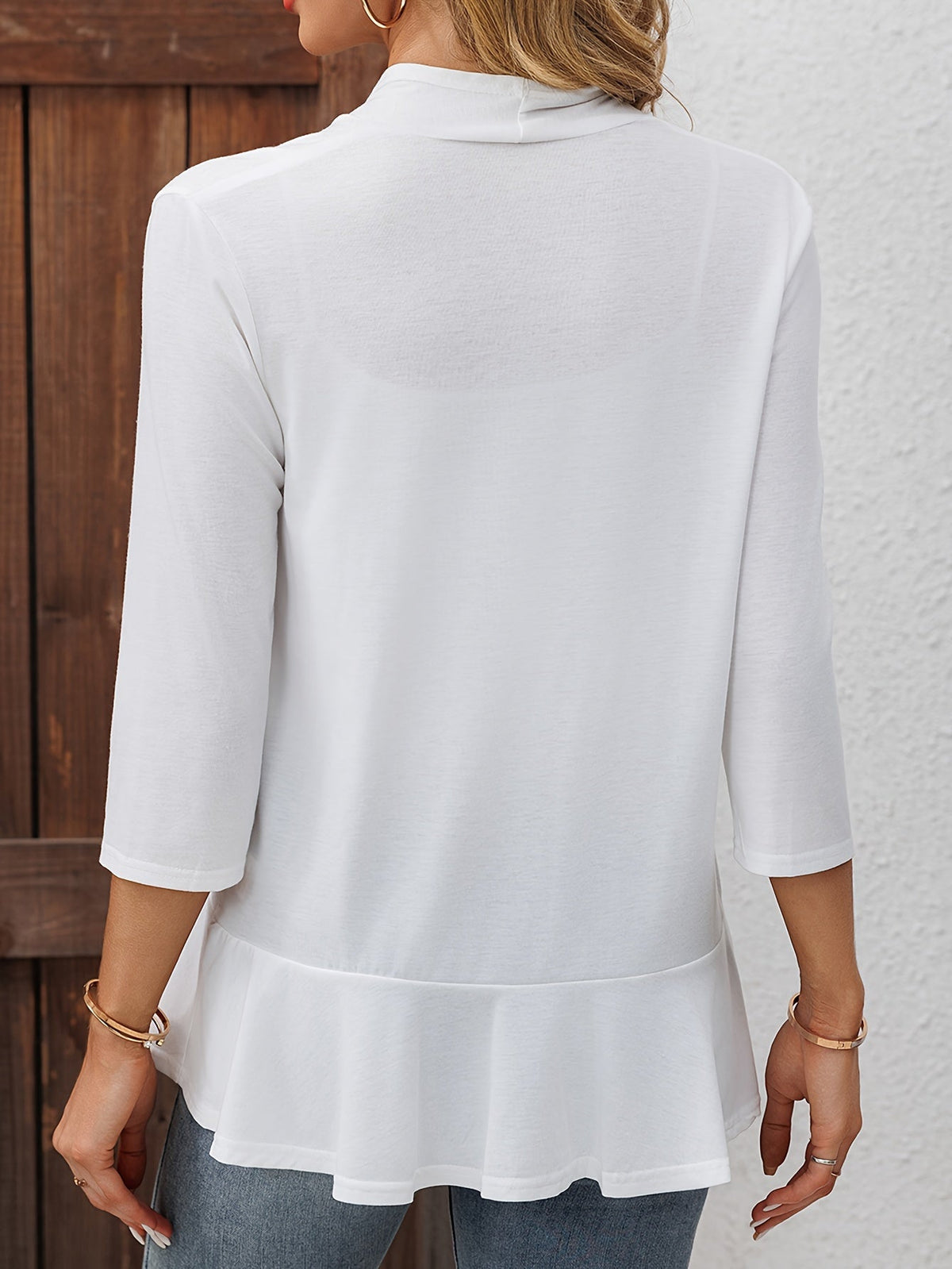 Women Ruffle Hem Cardigan Open Front Three Quarter Sleeve Solid Color Spring Summer Lightweight Cardigan White S M L XL XXL Casual Layering Knit Top