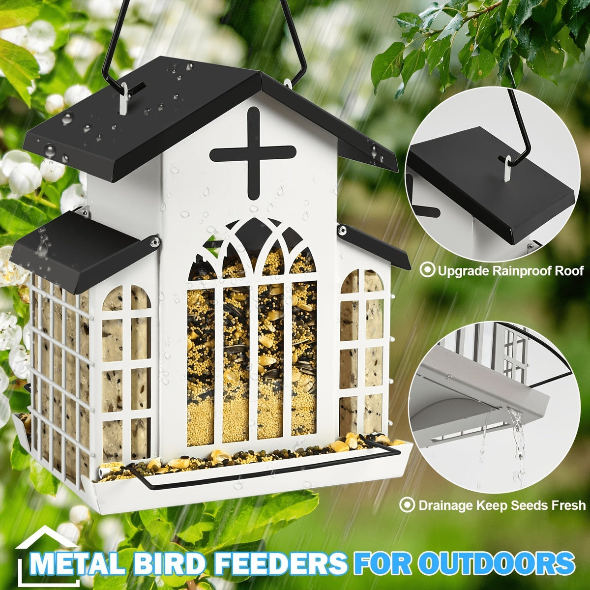 Vintage Metal Wild Bird Feeder for Outside – Triple Feeders for Finch, Cardinal & Chickadee, Large Capacity Metal Mesh Design with Easy-Hang Chains & Window Cut-Outs, 7 Style Options