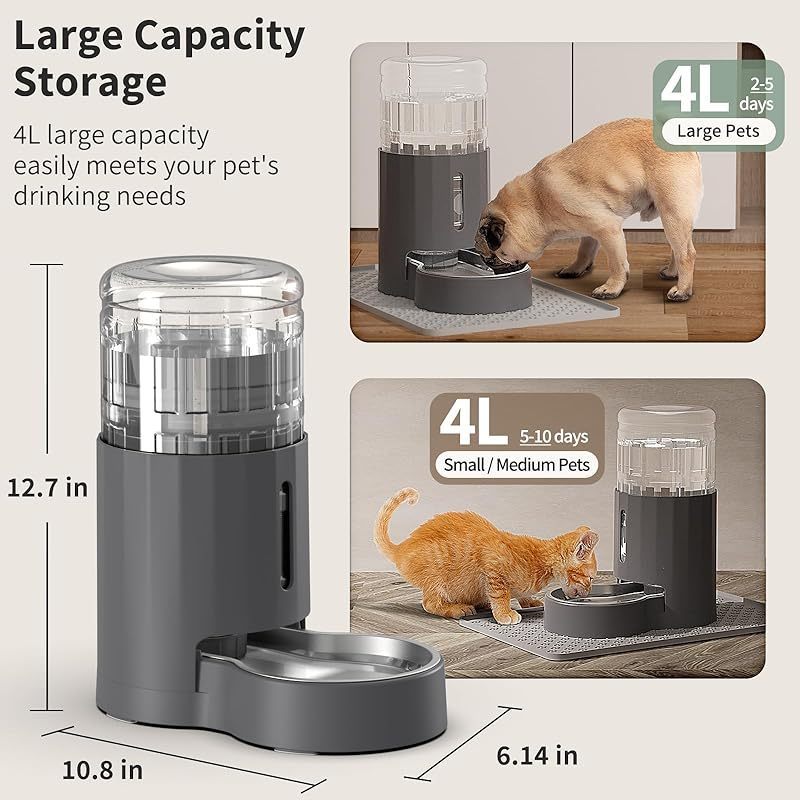 4L Gravity Cat Water Dispenser with Stainless Steel Bowl and Placemat - Automatic Large Capacity Pet Water Fountain for Cats Small Medium Dogs - Easy to Clean BPA-Free Safe Pet Hydration Station
