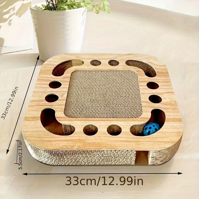 Interactive Cat Scratcher Toy with Ball Track Square Corrugated Cardboard Multi-Level Platform Scratch Pad Play Lounge for Indoor Cats Kittens Cat Scratching Board with Spinner