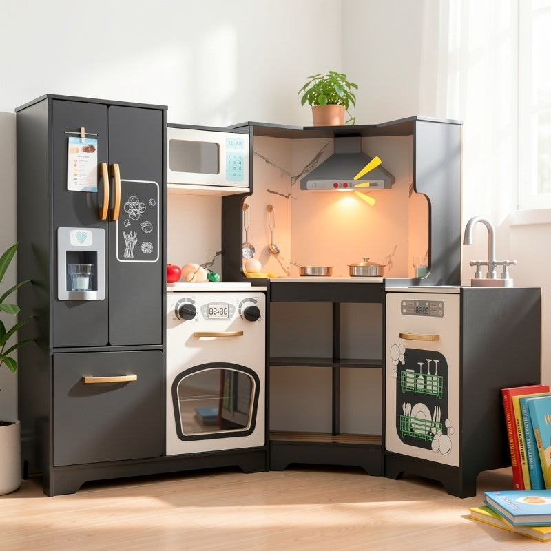 Wooden Corner Play Kitchen Set for Kids – Real Lights & Sounds, Double-Door Fridge, Ice Maker, Stovetop, Oven, Microwave & Accessories – ASTM & CPSIA Safe – Best Birthday Gift for Boys & Girls