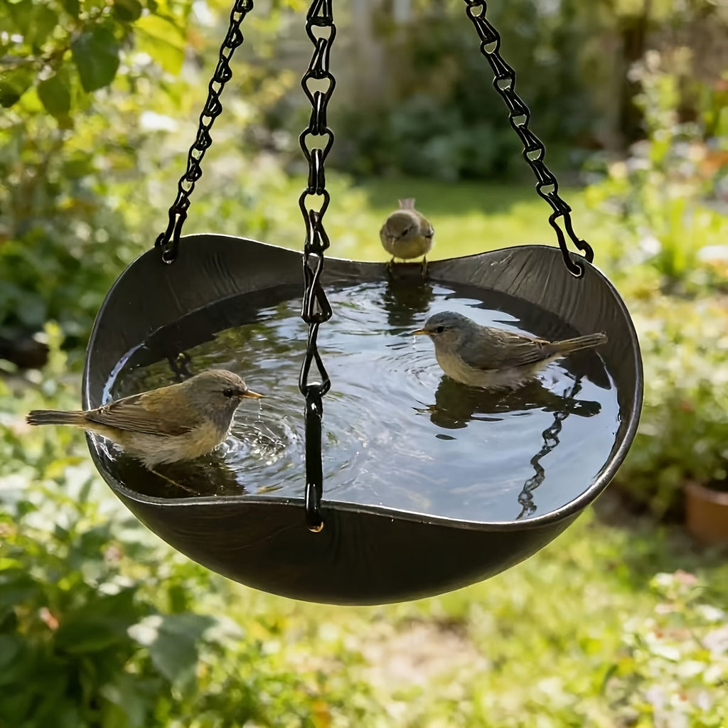 Hanging Bird Feeder and Water Bath 2 Pack - Bowl-Shaped 1-Tier Feeder with Wood Grain Appearance, Thickened Metal Chain & Stable Hook, Spacious Outdoor Garden Bird Feeder for Wild Birds