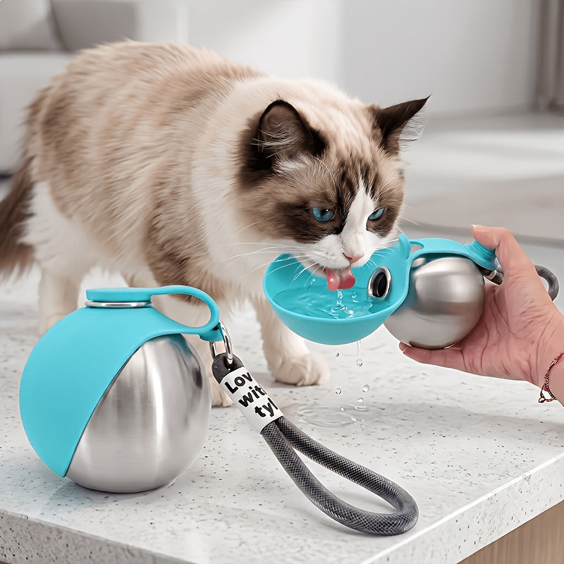Stainless Steel Pet Travel Water Bottle – 9.6oz Leak-Proof Dog & Cat Drinking Bottle with Foldable Bowl for Outdoor Hiking Walking Camping, 304 Steel, Blue & Pink