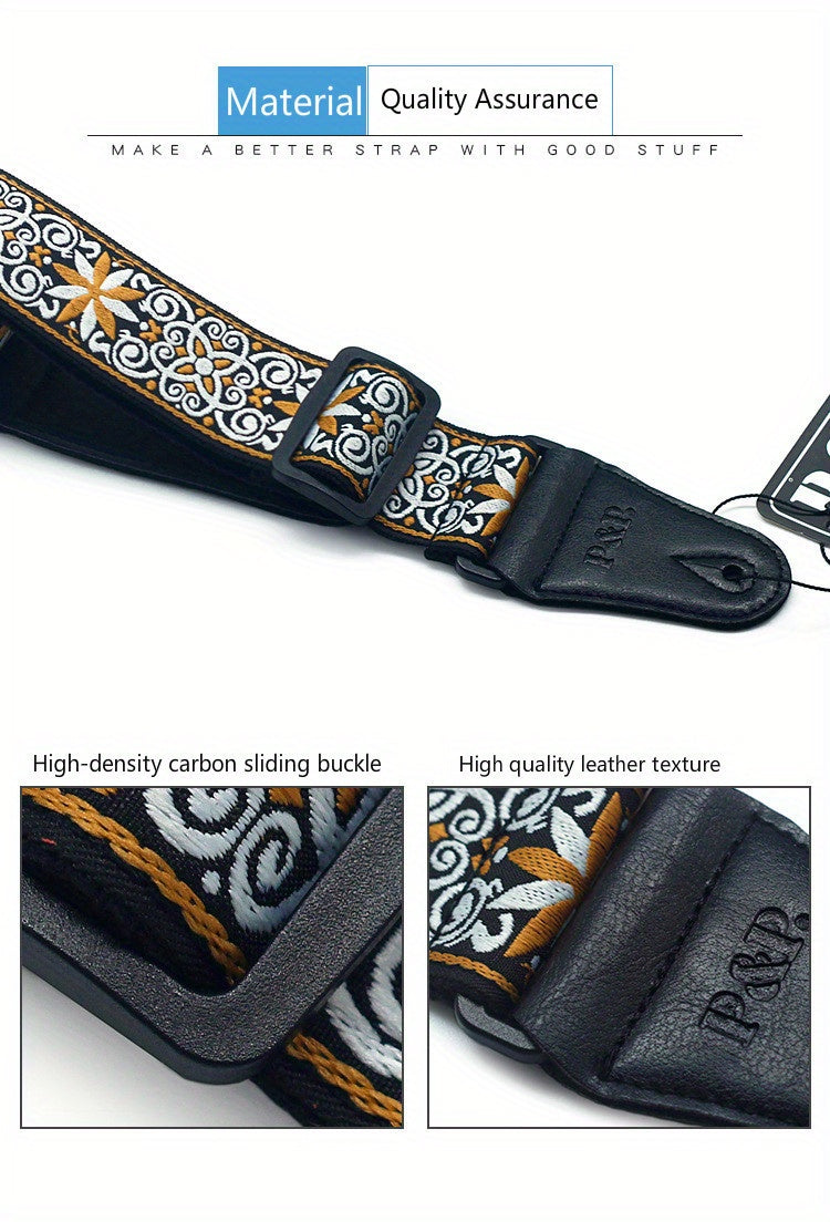 Adjustable Embroidered Guitar Strap with PU Leather Ends – Boho National Style, 35–57 Inch Length, Fits Acoustic, Electric, Classical Guitar & Bass, 11 Unique Designs