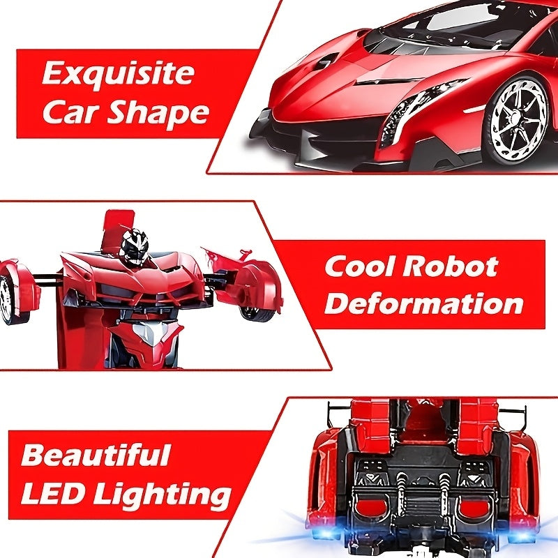 1:18 Scale Remote Control Car Robot Toy 2-in-1 One-Click Transformation 360° Drifting 2.4G RC Transforming Robot Car with LED Lights for Kids Boys Age 3+ Birthday Gift