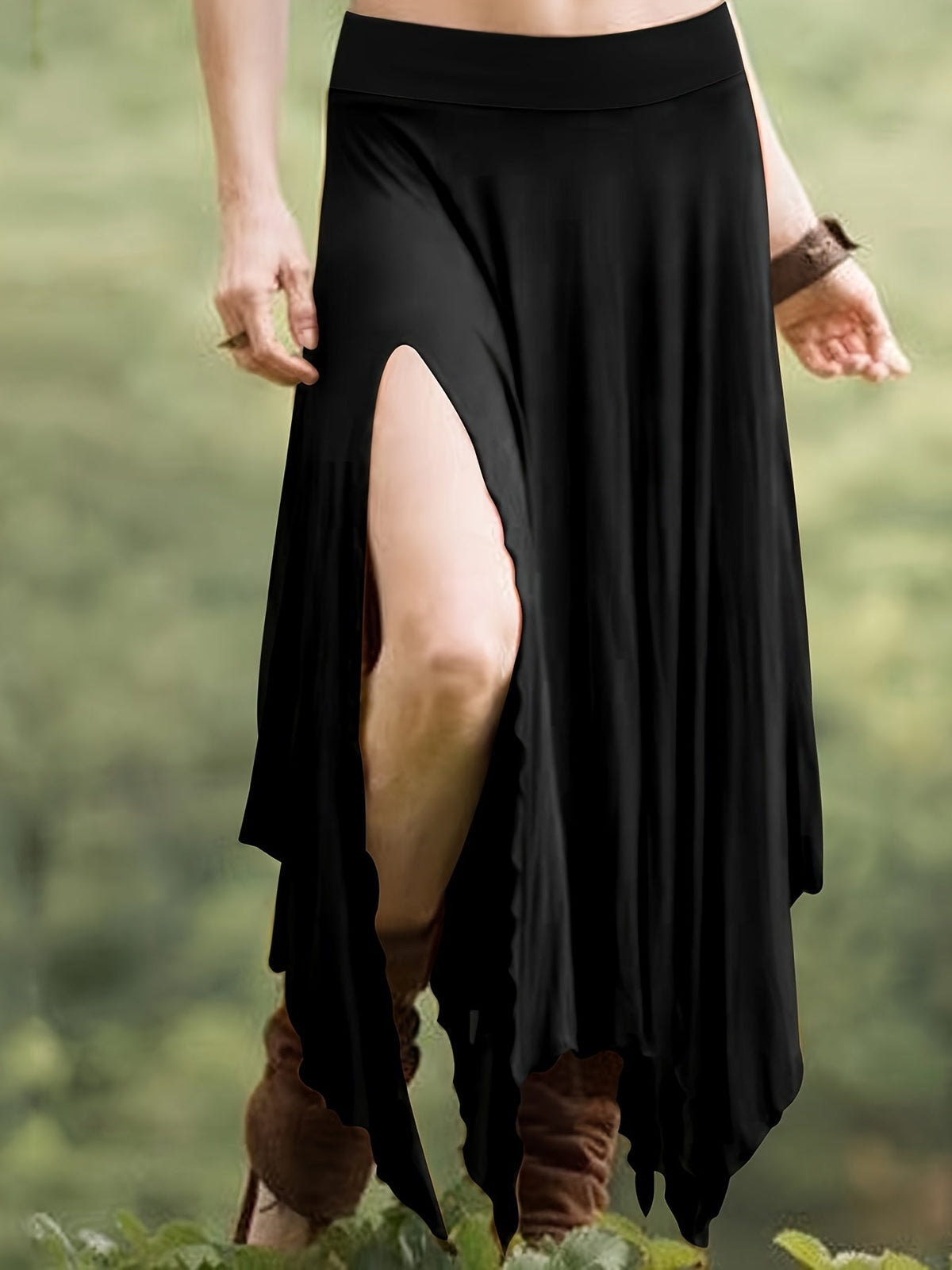 Women's Asymmetrical Hem Skirt - High Waist Drawstring Split Midi Skirt, Stretchy Knit 95% Polyester, Casual Vintage Style for Spring Summer