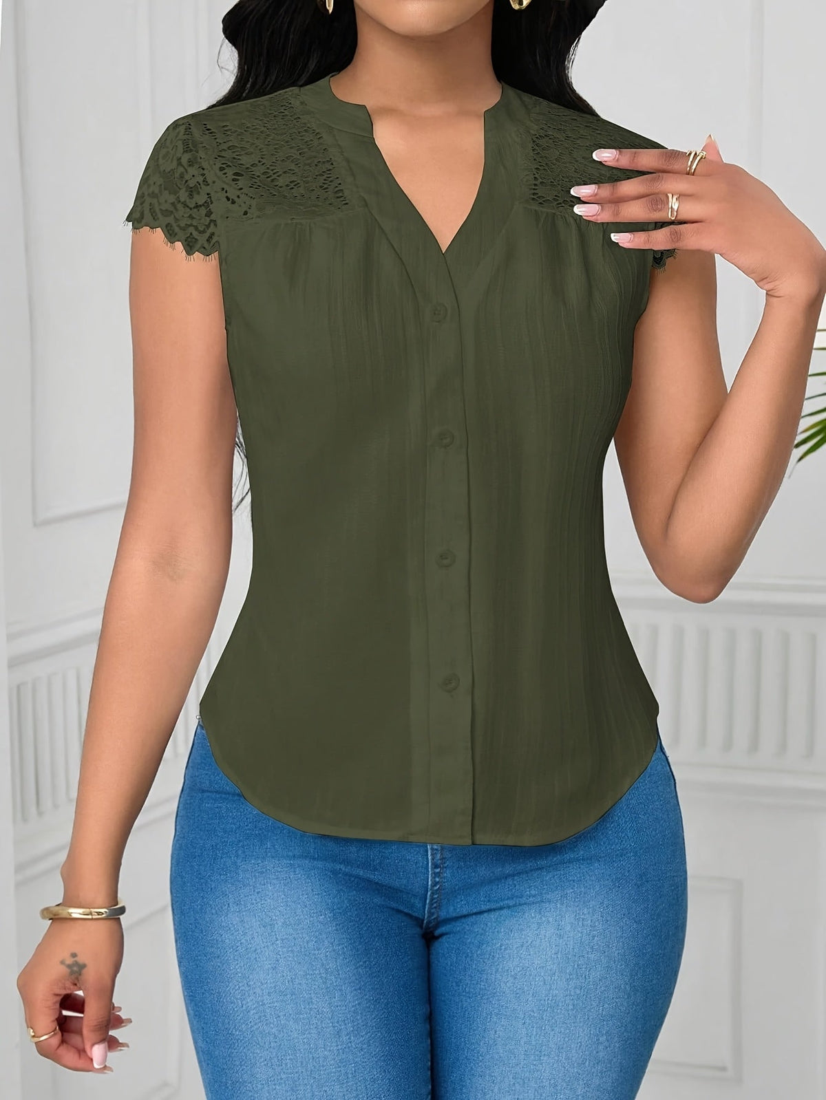 Women's Elegant Lace Patchwork Blouse – V-Neck Striped Semi-Sheer Woven Top for Summer, Casual & Weekend Wear