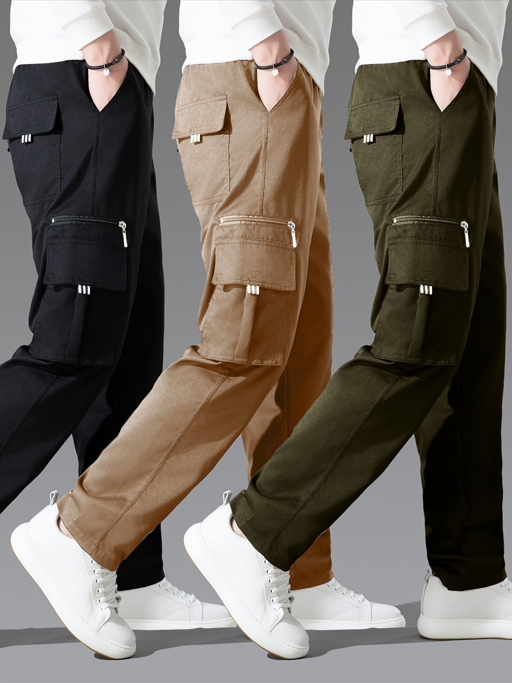 Men's Cargo Pants 3-Pack Multi-Pocket Regular Fit – Solid Color Polyester Woven Hiking Outdoor Pants for Spring & Fall, Sizes S-XXXL, 9 Color Combos