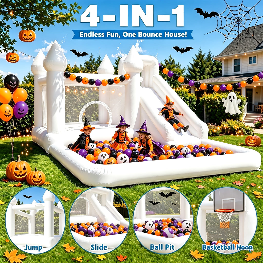 Bounce House with Blower for Kids 13x10x8 Ft – White Inflatable Bouncy Castle for Backyard, Ball Pool, Parties & Weddings, Oxford Cloth, Mesh Walls, 2-Min Setup, 200 LBS Capacity
