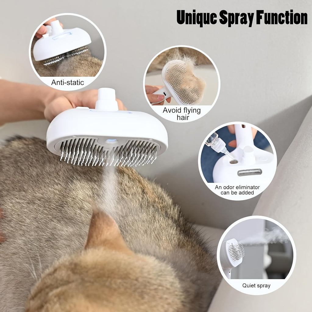 3-in-1 Cat Steam Brush Grooming Comb with Steam and Release Button Pet Hair Removal Deshedding Tool for Large Medium Small Cats and Dogs Indoor Use White Pink