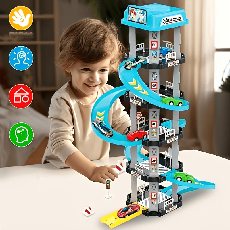 62pcs 5-Story Parking Garage 3D Multi-Layer Racing Track Set with 2 Cars Ejection Launchers Drift Tracks Helipad Gas Station Assembly STEM Toy for Kids Boys Birthday New Year Gift
