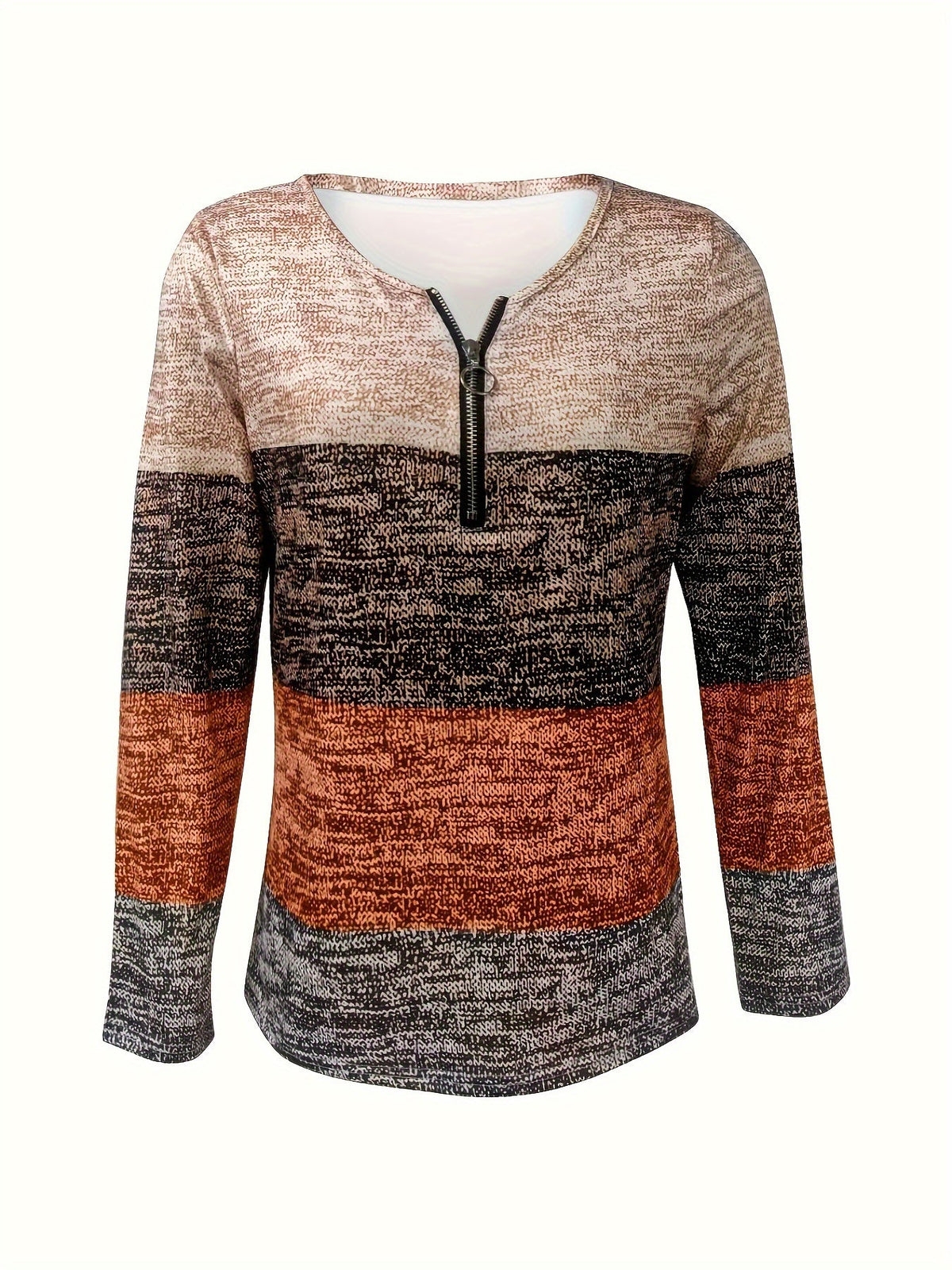 Women's Coffee Striped Zipper T-Shirt Geometric Print Casual Stretch Knit Top Short Sleeve Polo Style Tee for Daily Wear