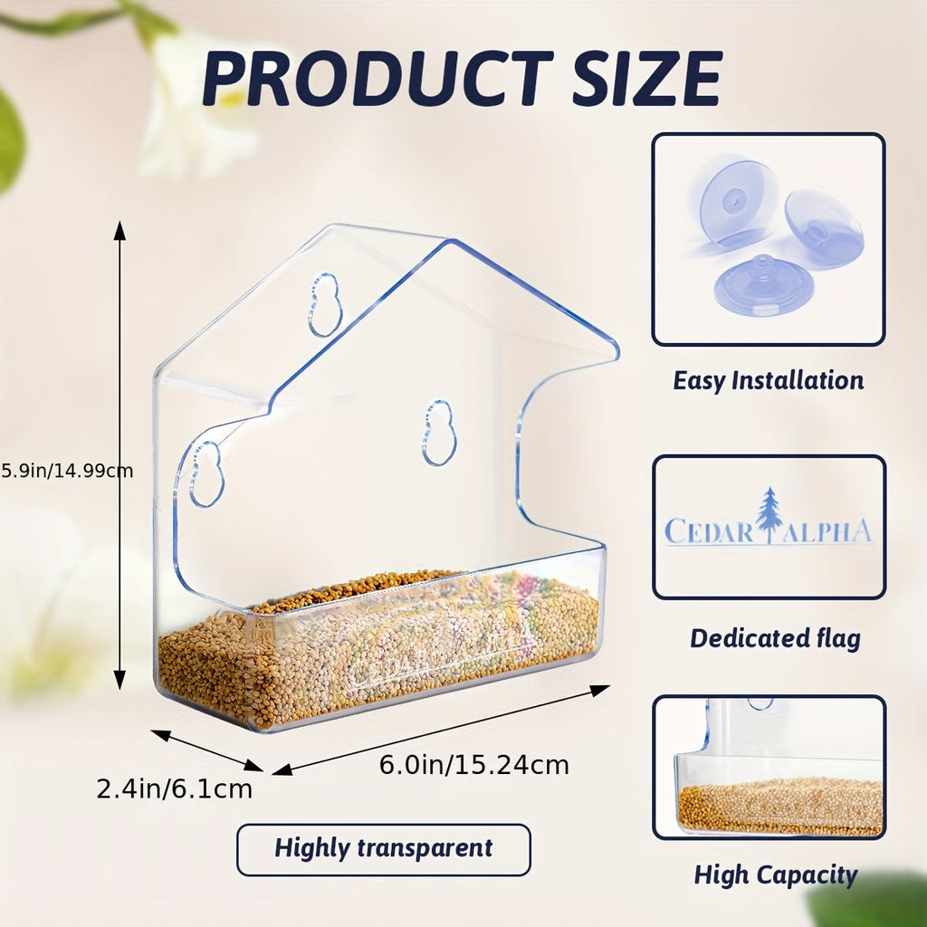 Window Bird Feeder Clear Plastic with Strong Suction Cups – Transparent Outside Bird Feeder for Close-Up Bird Watching, No Battery Needed, Durable Window Birdhouse for Wild Birds