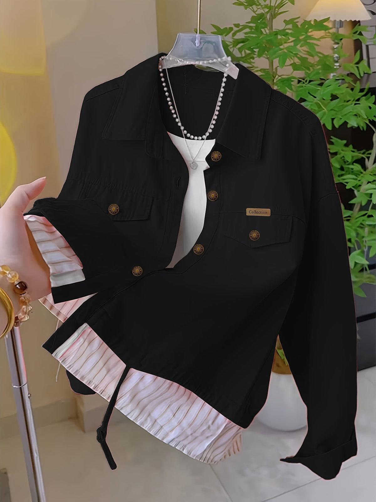 Women's Striped Patchwork Top Lapel Collar Chic Woven Blouse Spring Fall Fashion Shirt Red Yellow Black S-XXL