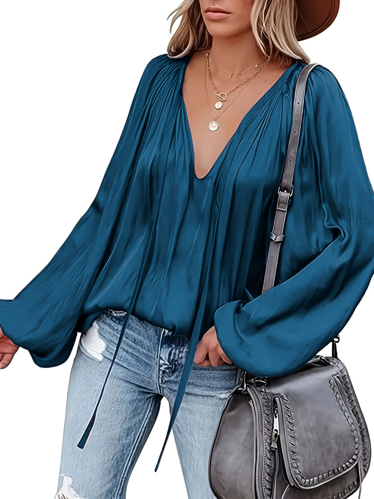 Women's Tie Neck Lantern Sleeve Blouse - Solid Color Ruched Loose Fit Casual Long Sleeve Top for Spring Fall | Comfortable Everyday Wear S-XXL