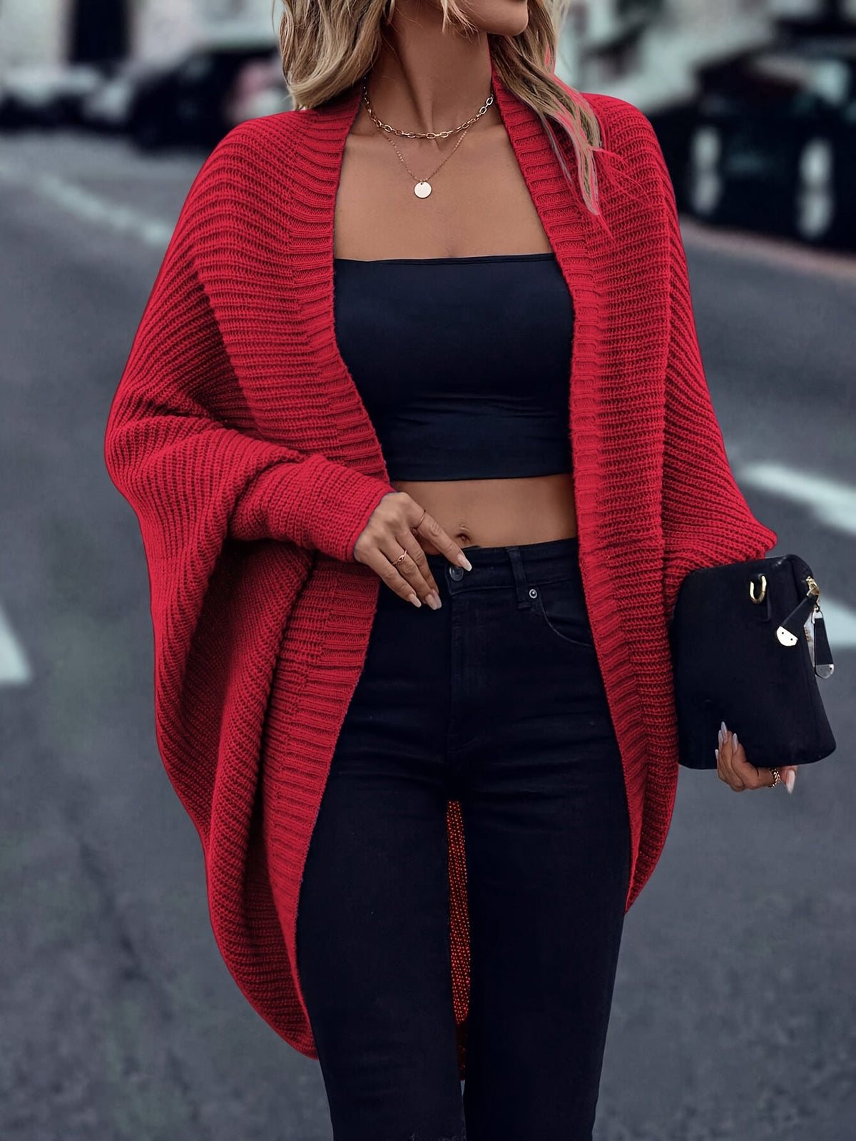 Women's Oversized Open Front Knit Cardigan Coat Long Sleeve Batwing Solid Color Sweater Jacket Fall Winter Casual Elegant Outerwear S-XXL