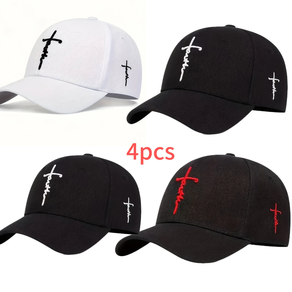 4pcs Faith-Themed Cross-Stitch Baseball Caps for Men & Women – Adjustable Lightweight Polyester Solid Color Casual Sports Sun Hat for Outdoor Travel Beach, Christmas Father's Day Gift