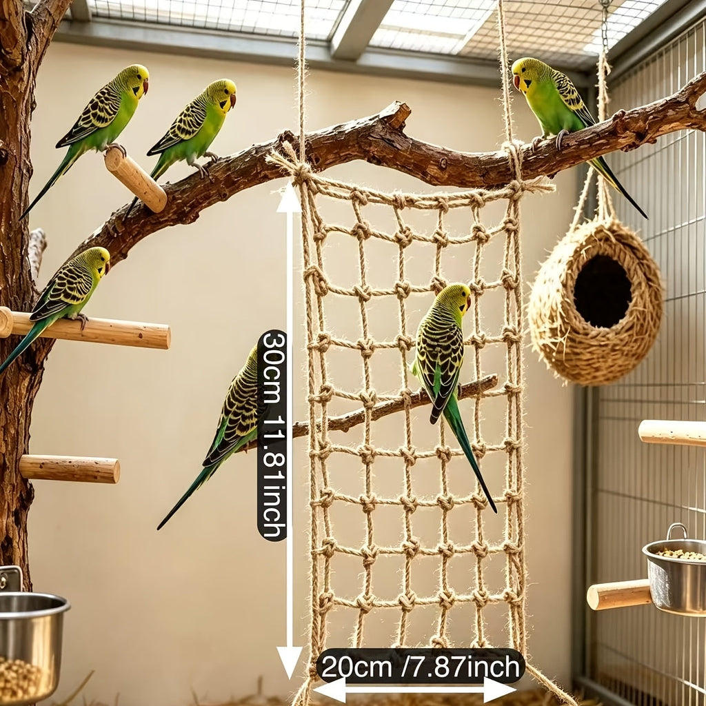 Bird Climbing Net 2-Pack - Hemp Rope Mesh Ladder for Bird Cages, Bite-Resistant Perch Climbing Toy for Parakeets, Parrots & Small Birds, 7.87 x 11.81 Inch Each