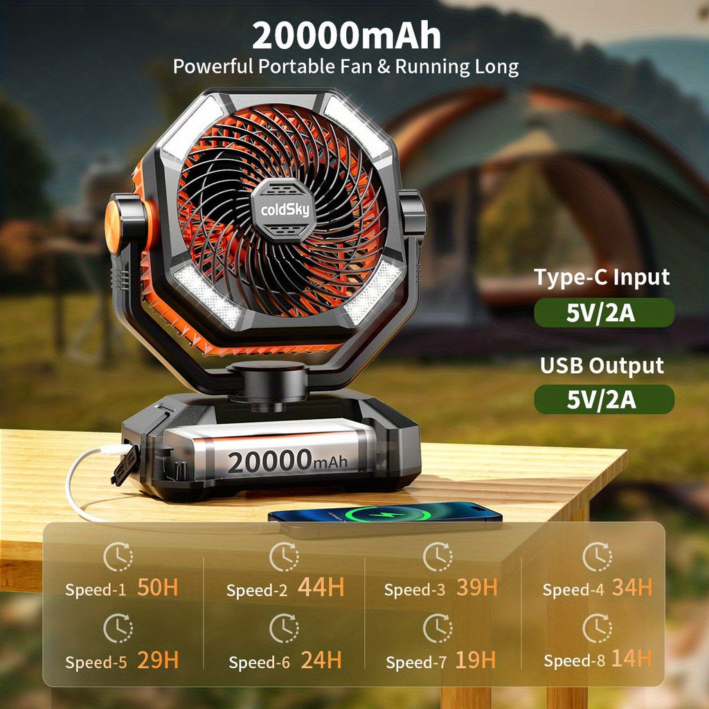 Camping Fan with 20000mAh Battery 8-Speed Settings Enhanced Motor USB Rechargeable - Portable Tent Fan for Camping, Hiking, Outdoor Adventures & Emergency Use