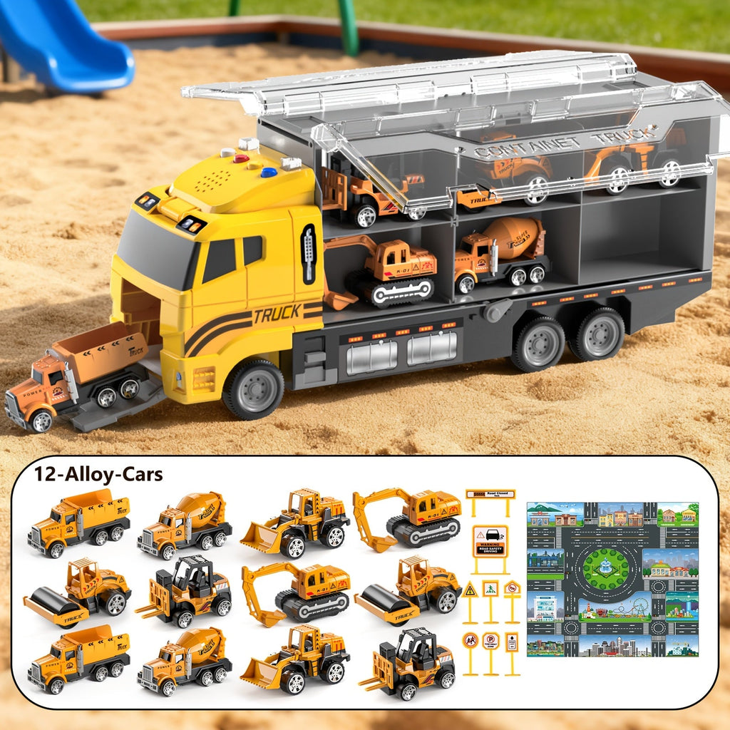 13-in-1 Construction Truck Vehicle Toy Set for Kids Ages 3+ – Die-Cast Cars, Play Mat & Transport Carrier, Sound Effects, Birthday Christmas Gift (Random Accessories)