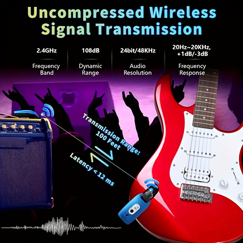 Wireless Guitar System 2.4GHz with Rechargeable Battery - Low Latency Audio Transmitter & Receiver for Electric Guitar, Acoustic, Bass, Violin & Keyboard, Plug & Play Instrument Wireless Kit