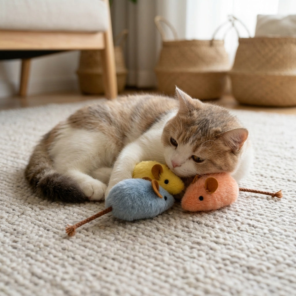 3-Pack Cat Squeaky Plush Toy Set – Long-Tail Mouse & Fishbone Interactive Catnip-Style Teething Toys with Built-In BB Squeaker, Durable Chew & Dental Cleaning Cat Toys, No Battery, Random Colors