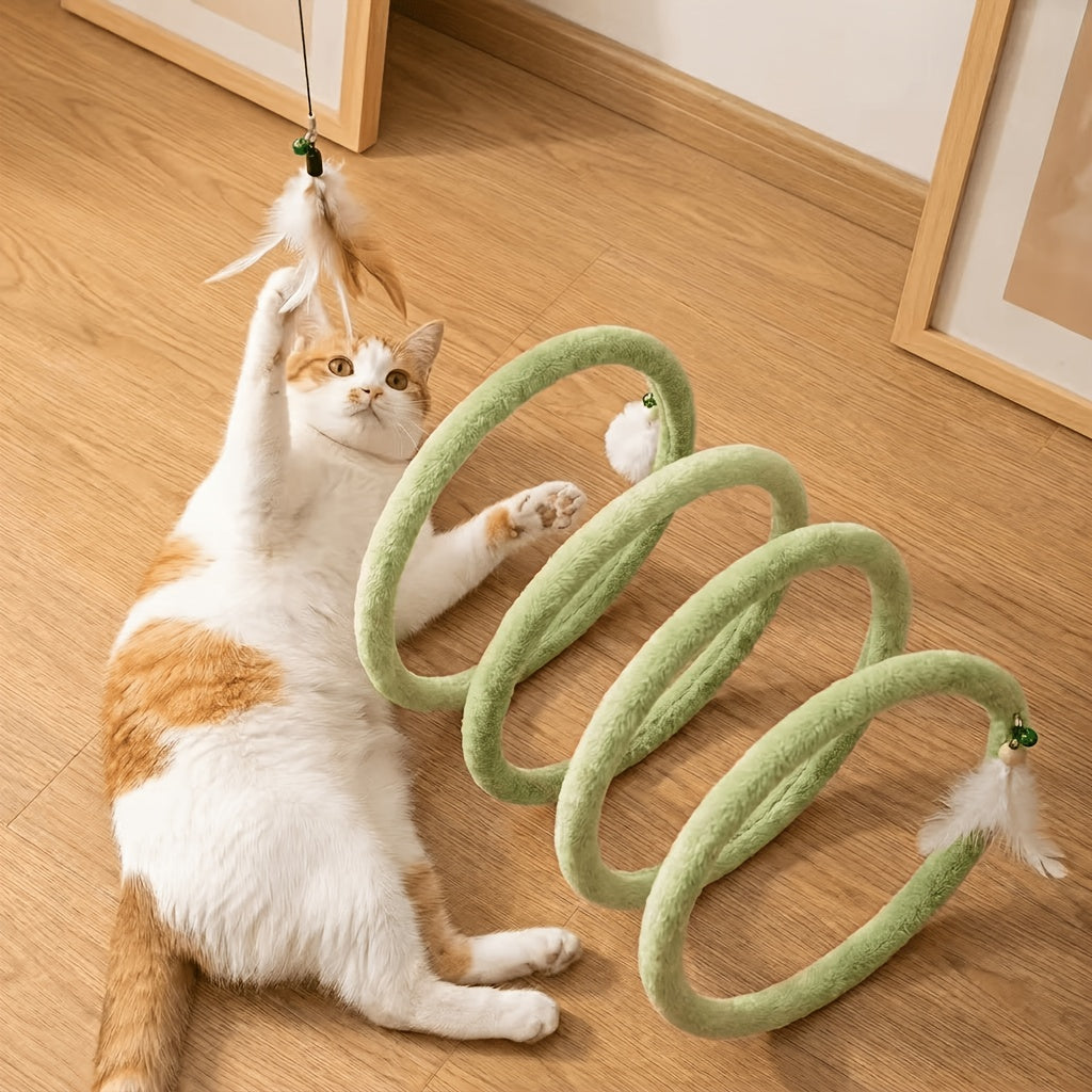 Foldable Cat Tunnel Toy with Feather Pom-Pom Pendant – Coiled Spring Interactive Cat Play Tube, Plush Self-Entertainment Cat Stick for Indoor Cats, Collapsible Pipe for Large Medium & Small House Cats