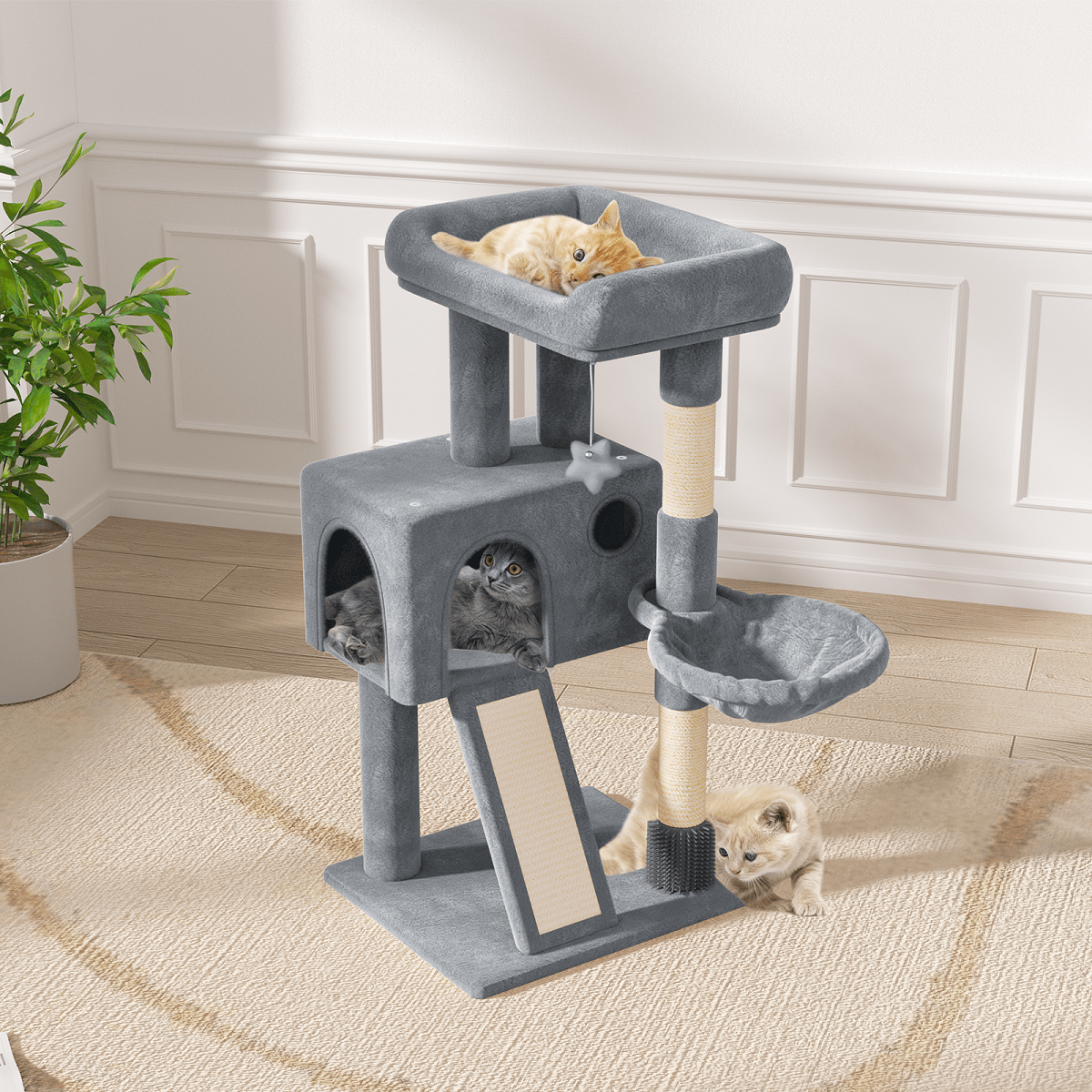 36 Inch Multi-Level Cat Tree Tower with Cat Condo Apartment Hammock Sisal Scratching Posts & Hanging Toys - Indoor Cat Climbing Playhouse for Cats Kittens - Plush Cat Villa Light Grey Smoky Grey