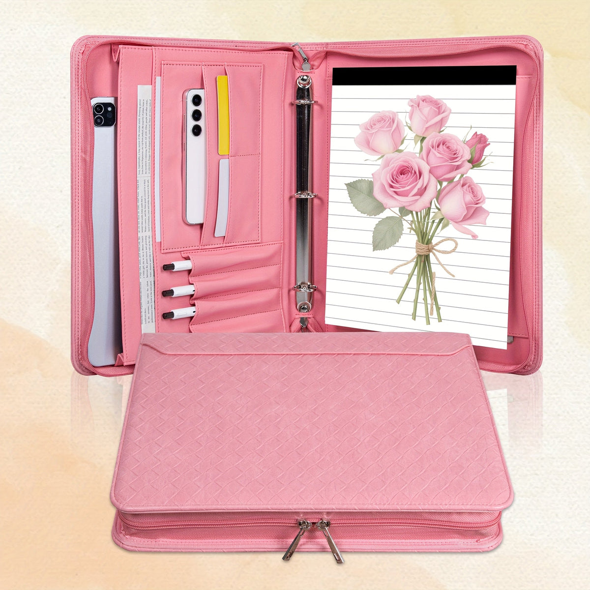 Vegan Leather Portfolio Binder 3-Ring Zipper A4 Legal Laptop Pocket Work Organizer for Women Men