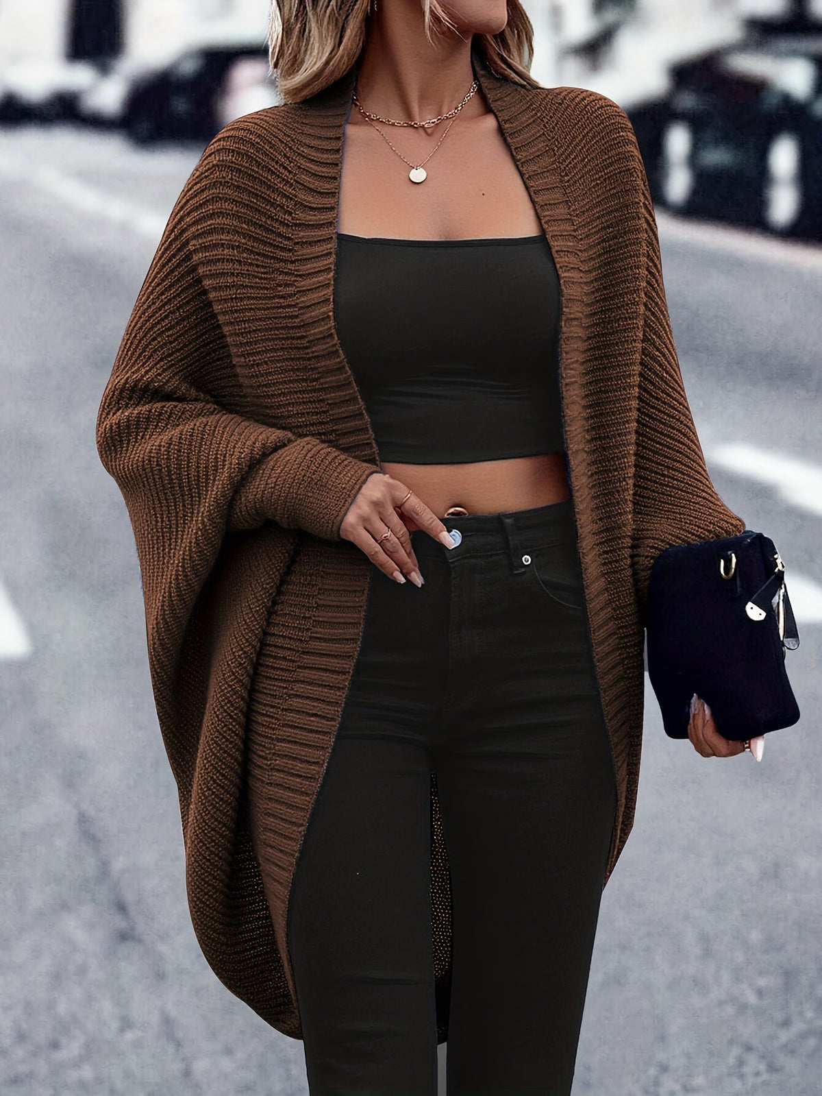 Women's Oversized Open Front Knit Cardigan Coat Long Sleeve Batwing Solid Color Sweater Jacket Fall Winter Casual Elegant Outerwear S-XXL