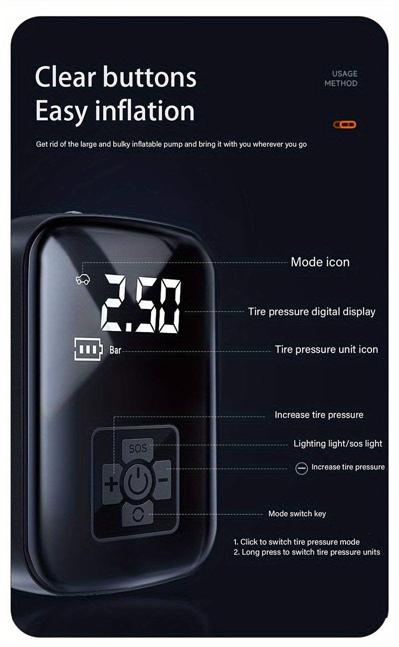 Portable Cordless Tire Inflator 150PSI Digital Display USB-C Rechargeable 4000mAh for Car Motorcycle Bike Ball