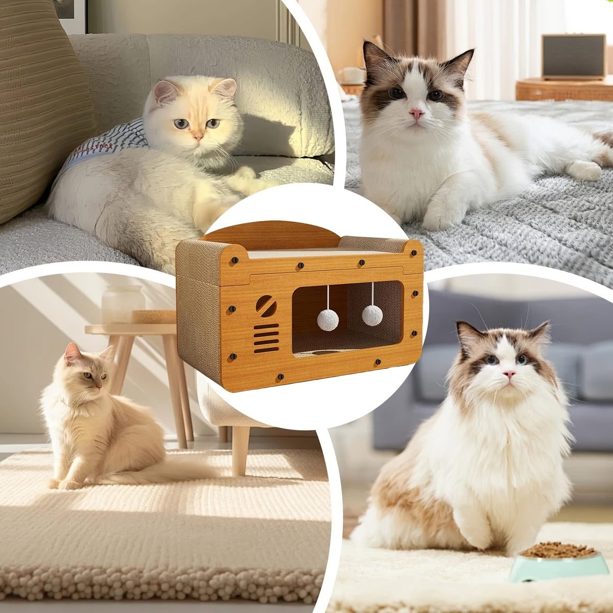 Cat Scratching Board House with Pompom Toy – Large Cardboard Cat Bed & Hideout, Holds Up to 25 Lbs, Multi-Cat Friendly, Easy Assembly, Scratch-Resistant Cat Furniture Gift for Pet Lovers
