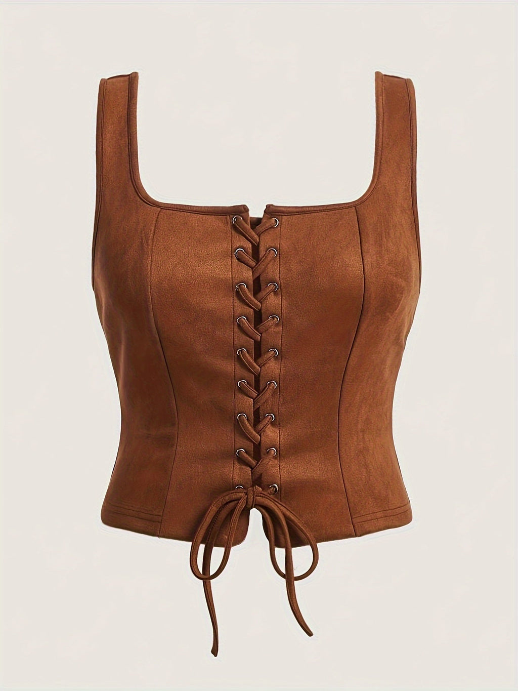 Vintage Lace-Up Drawstring Vest Women Elegant Woven Top Sleeveless Blouse Spring Summer Fall Khaki Green S M L XL