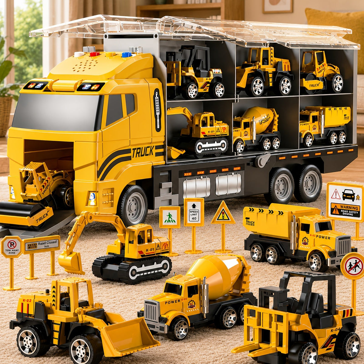 13-in-1 Construction Truck Vehicle Toy Set for Kids Ages 3+ – Die-Cast Cars, Play Mat & Transport Carrier, Sound Effects, Birthday Christmas Gift (Random Accessories)