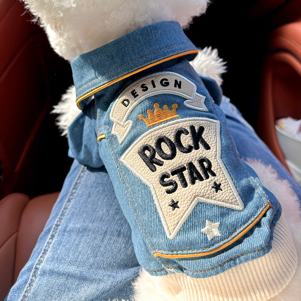 Small Dog Denim Outfit Rock Style – Imitation Denim Casual Fashion Pet Clothes for Small Dogs, Comfortable Streetwear Jacket XS to XL, Blue Trendy Dog Apparel for Daily Wear & Outdoor Outings