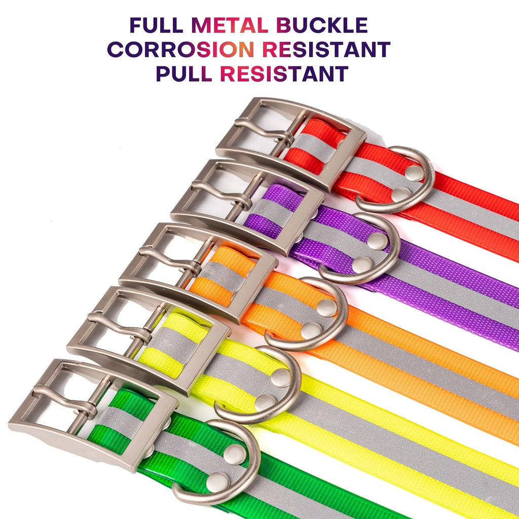 Reflective Waterproof Dog Collar - Biothane Adjustable Collar with Zinc Alloy Buckle & D-Ring, Night Safety Reflective Strip, All Weather Durable Dog Collar